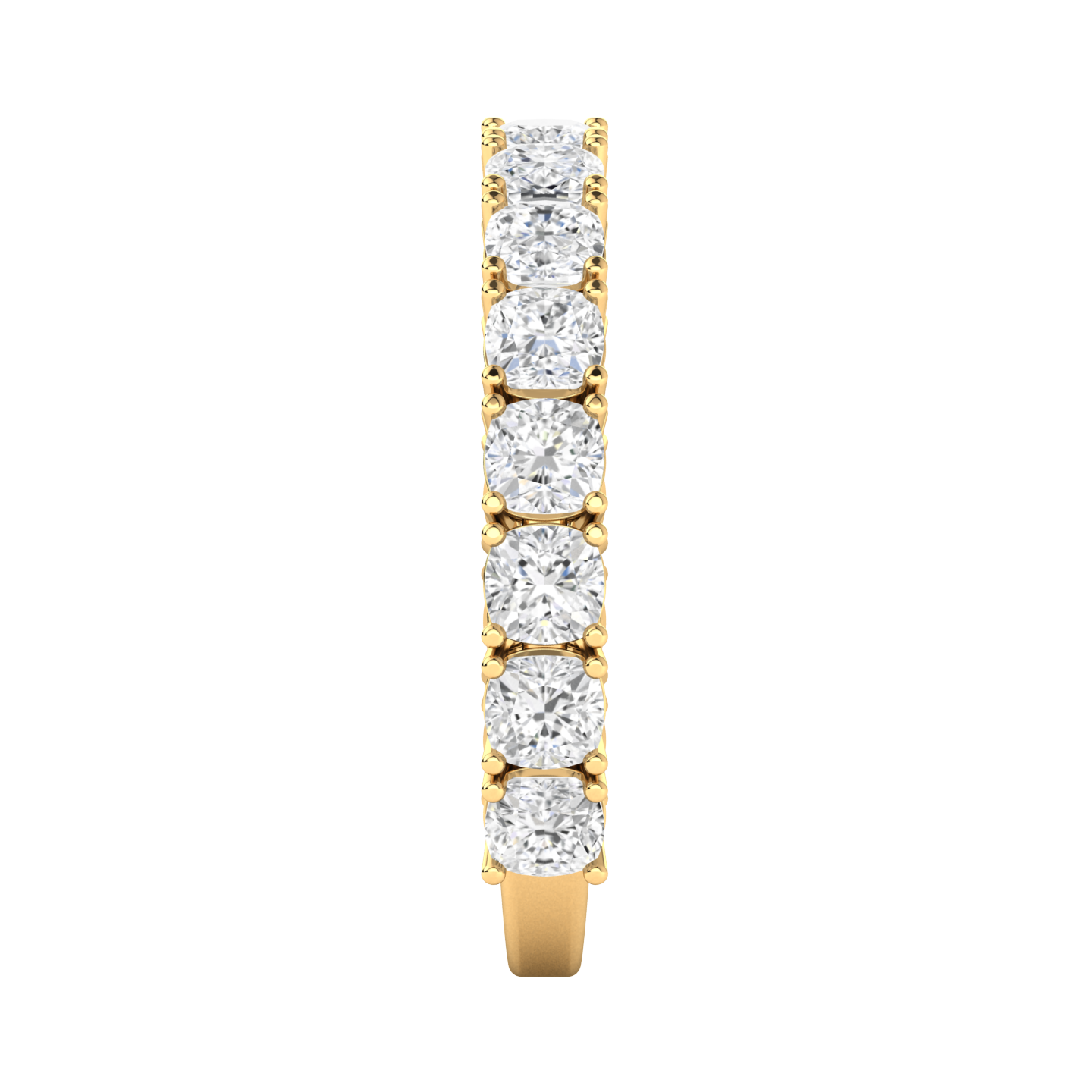 Side view of a rose gold half set eternity ring with cushion cut lab grown diamonds