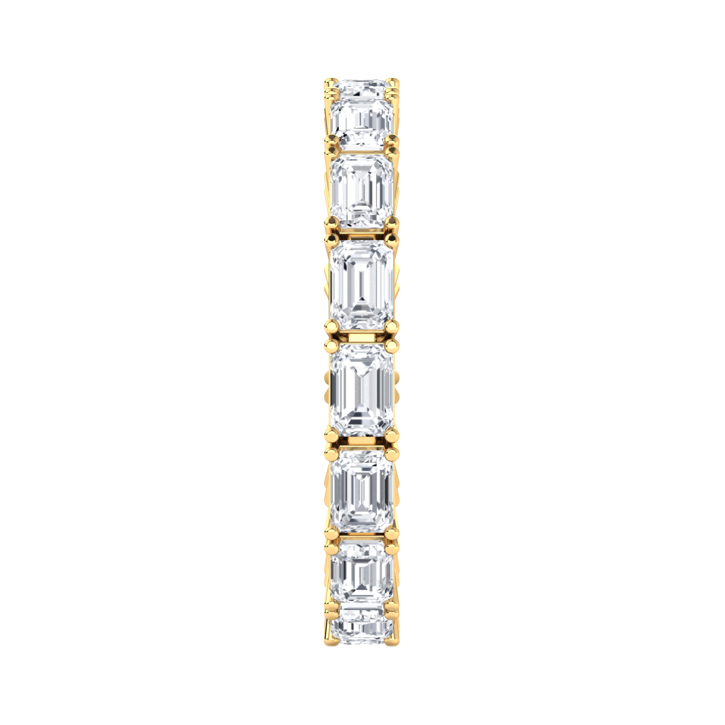 Side view of a yellow gold full set eternity ring with emerald cut lab grown diamonds set horizontally
