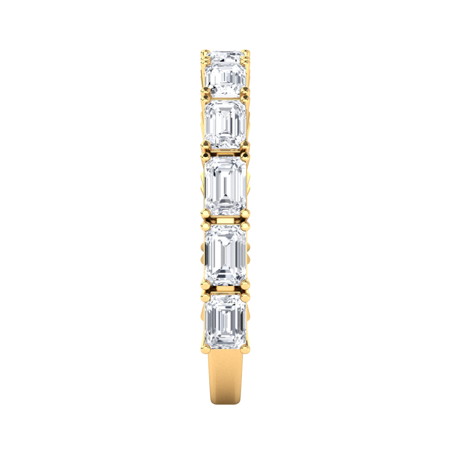 Side view of a yellow gold half set eternity ring with emerald cut lab grown diamonds set horizontally