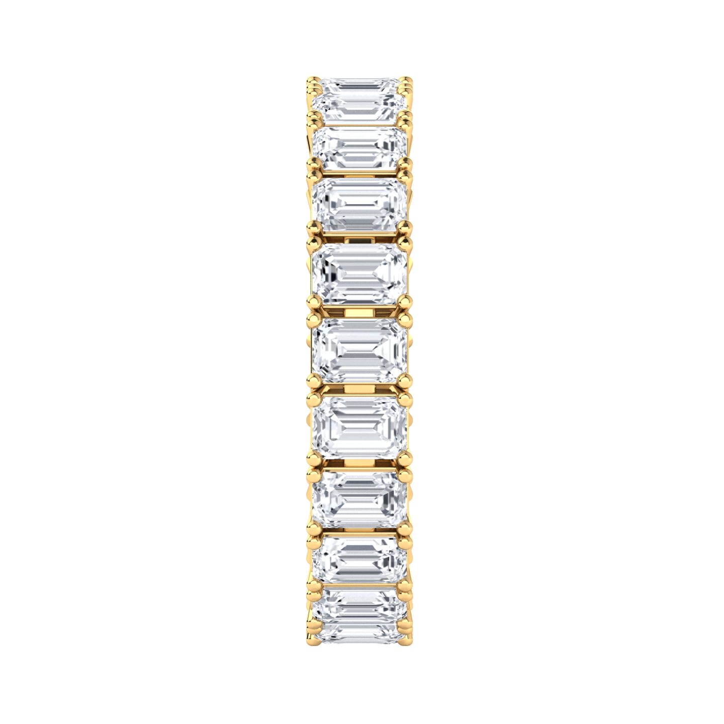 Side view of a yellow gold full set eternity ring with emerald cut lab grown diamonds set vertically