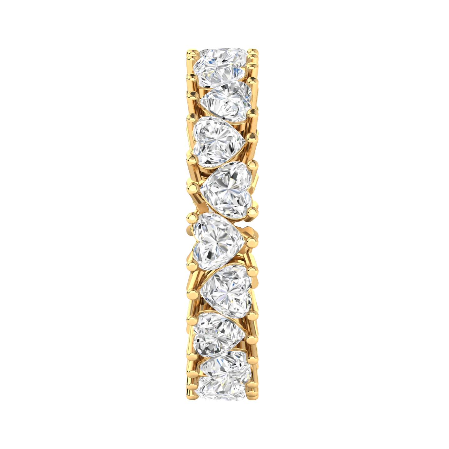 Side view of a yellow gold full set eternity ring with heart cut lab grown diamonds
