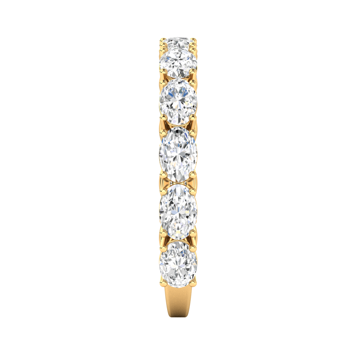 Side profile of a yellow gold horizontally set lab grown diamond half set eternity ring