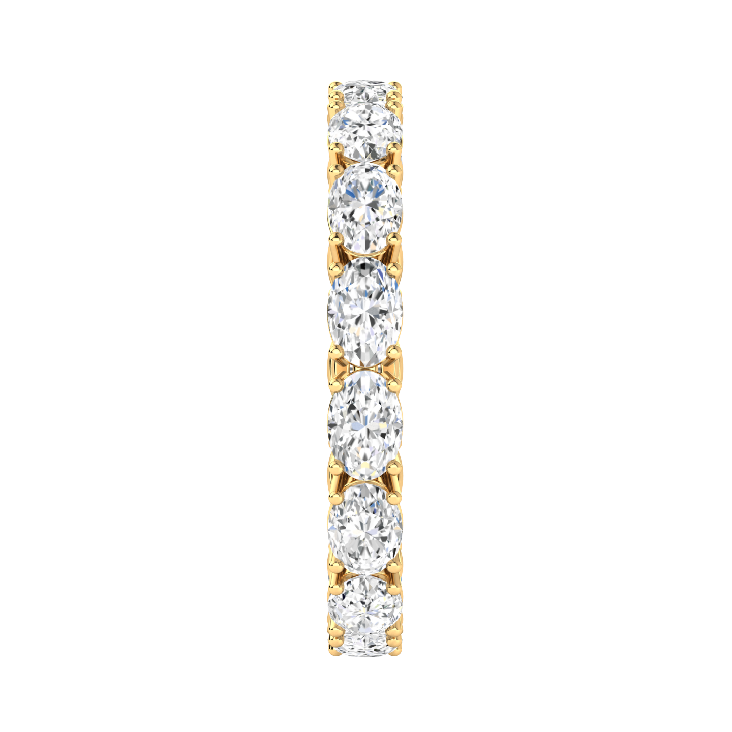 Side view of a yellow gold full set eternity ring with oval cut lab grown diamonds set horizontally