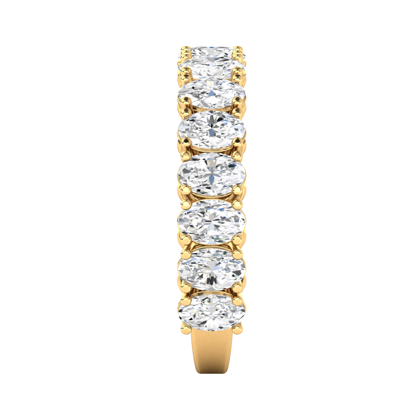 Side view of a yellow gold vertically set half eternity ring with oval shaped lab grown diamonds