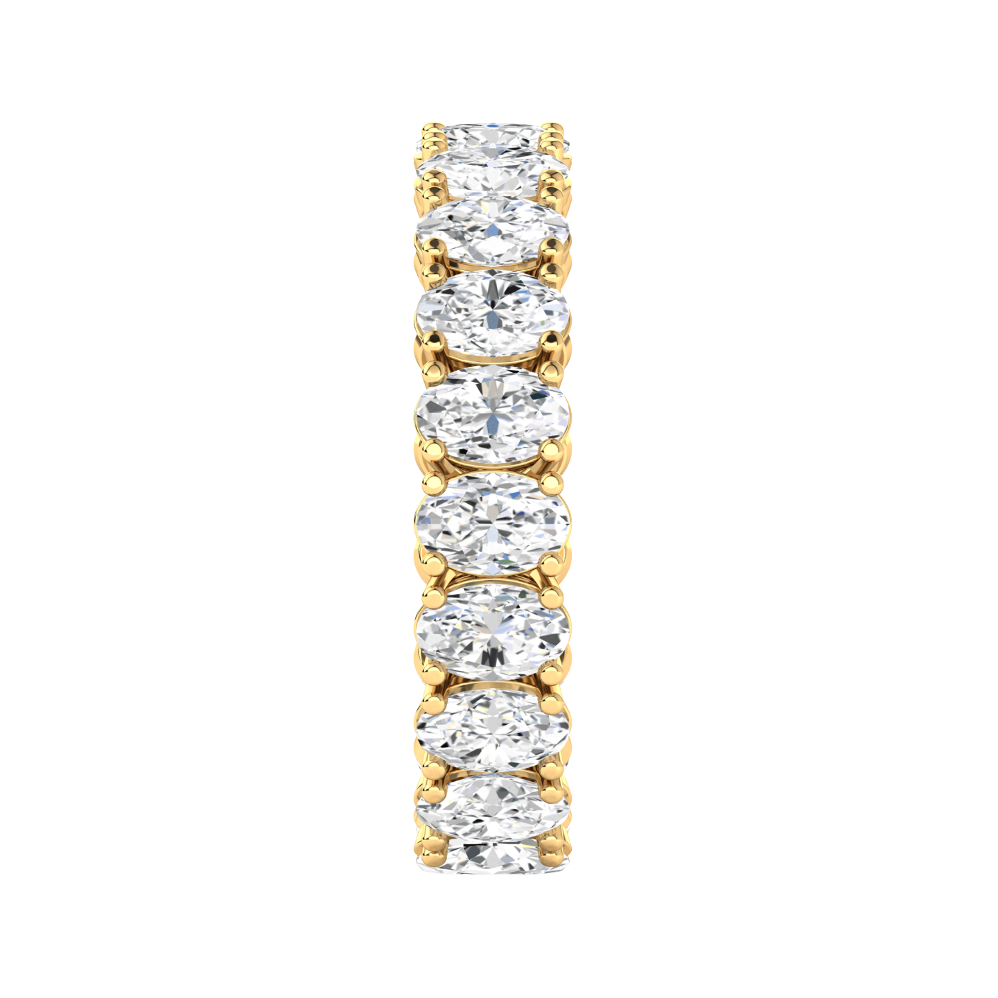 Side view of a yellow gold full set eternity ring with oval cut lab grown diamonds set vertically