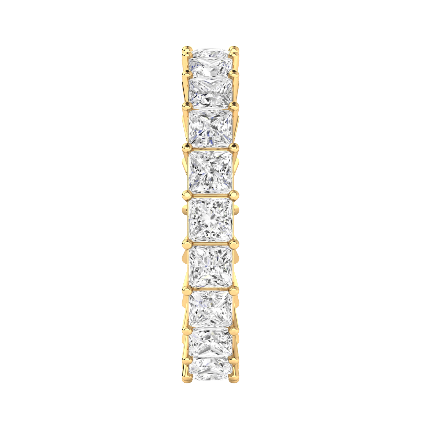 Side view of a yellow gold full set eternity ring with princess cut lab grown diamonds