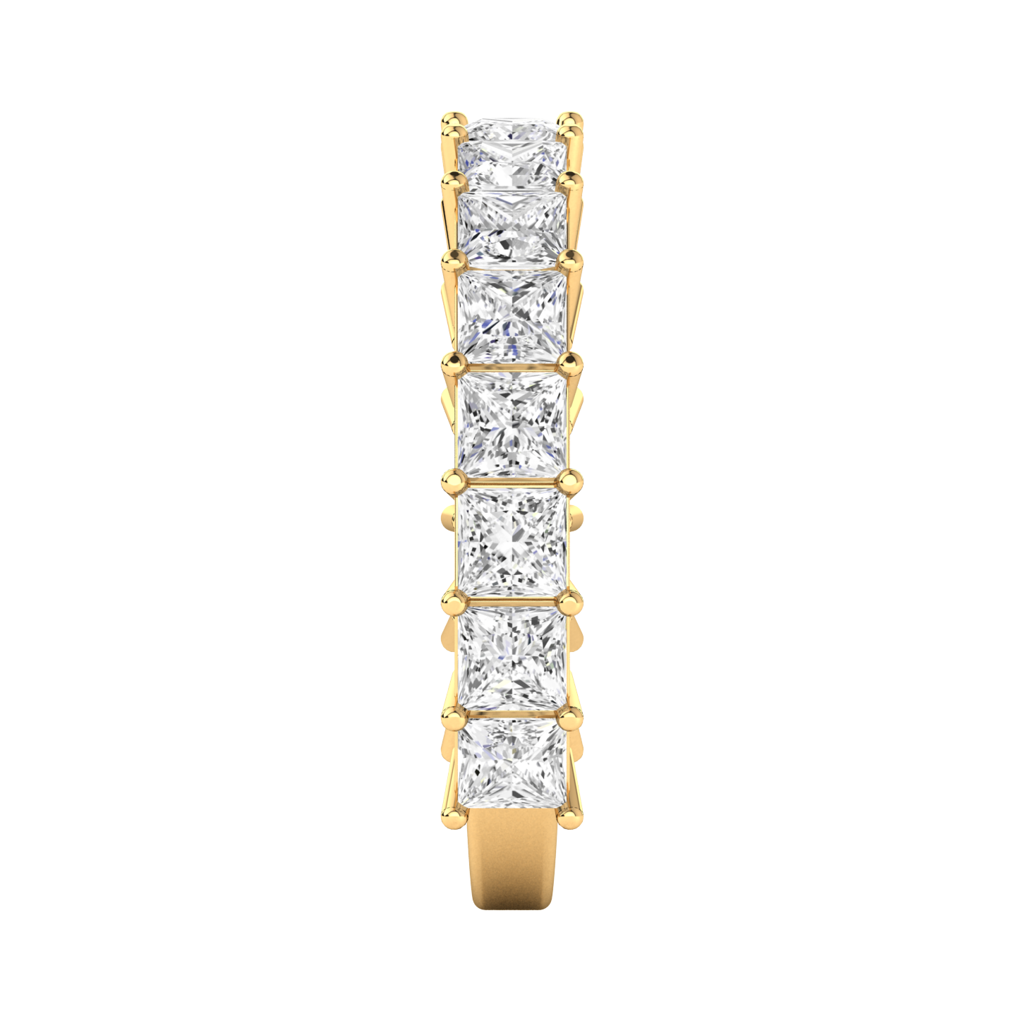 Side view of a yellow gold half set eternity ring with princess cut lab grown diamonds
