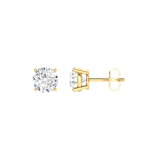 Front profile of a pair of yellow gold solitaire stud earrings with round brilliant diamonds in a 4 claw prong basket setting