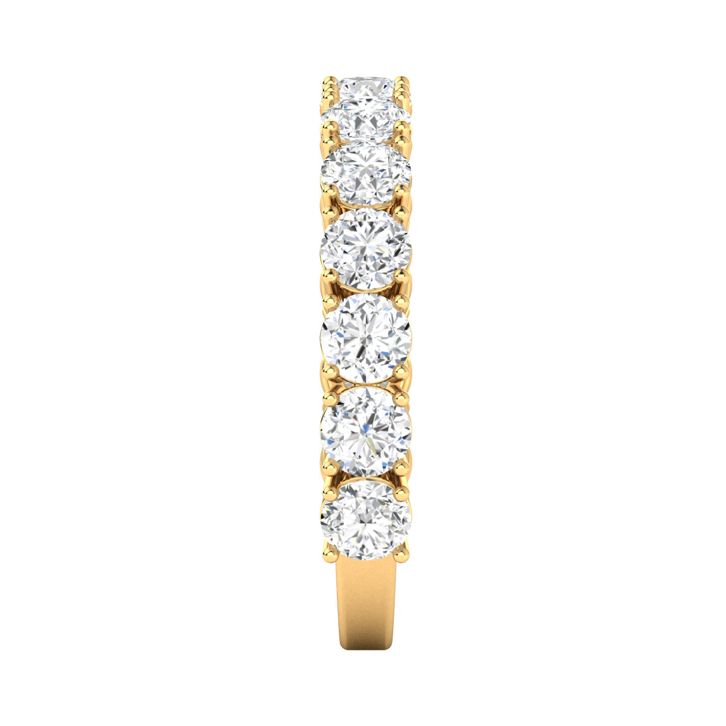 Side view of a yellow gold half set eternity ring with round brilliant cut lab grown diamonds