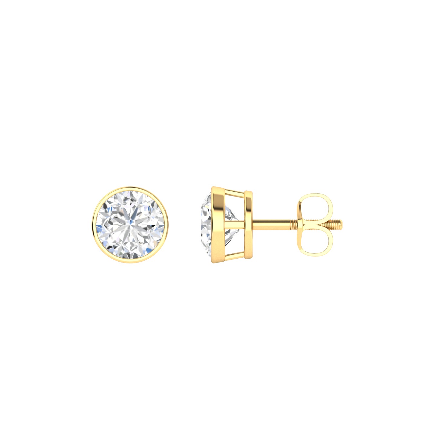 Side profile of a pair of yellow gold solitaire stud earrings with round brilliant diamonds in a rub over setting