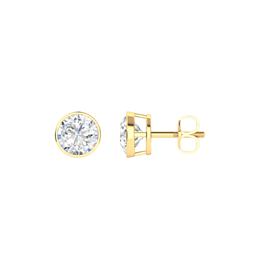 Side profile of a pair of yellow gold solitaire stud earrings with round brilliant diamonds in a rub over setting