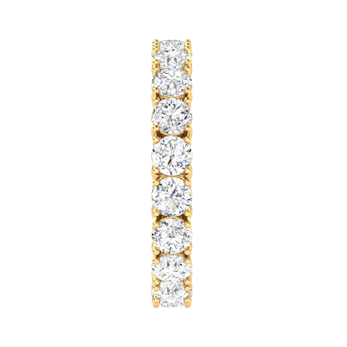 Side view of a yellow gold full set eternity ring with round brilliant cut lab grown diamonds