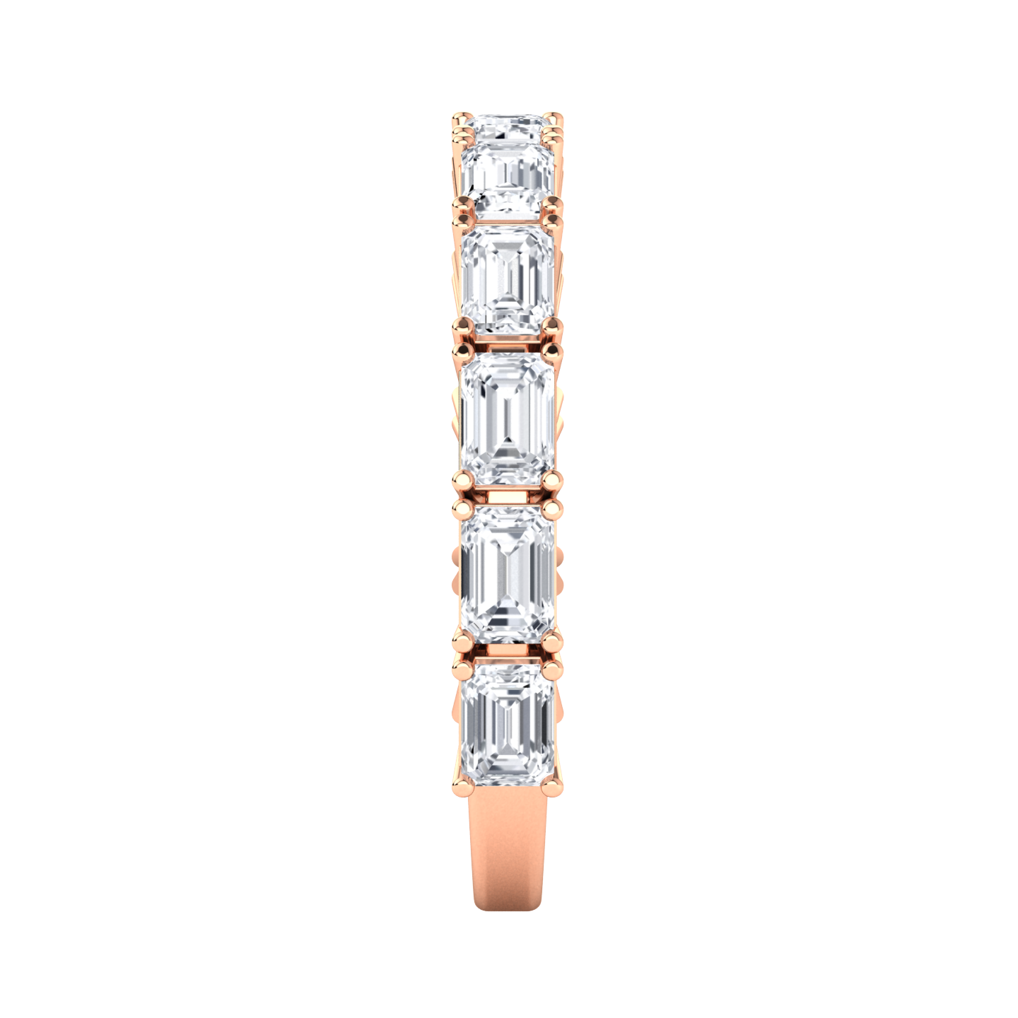 Side view of a rose gold half set eternity ring with emerald cut lab grown diamonds set horizontally