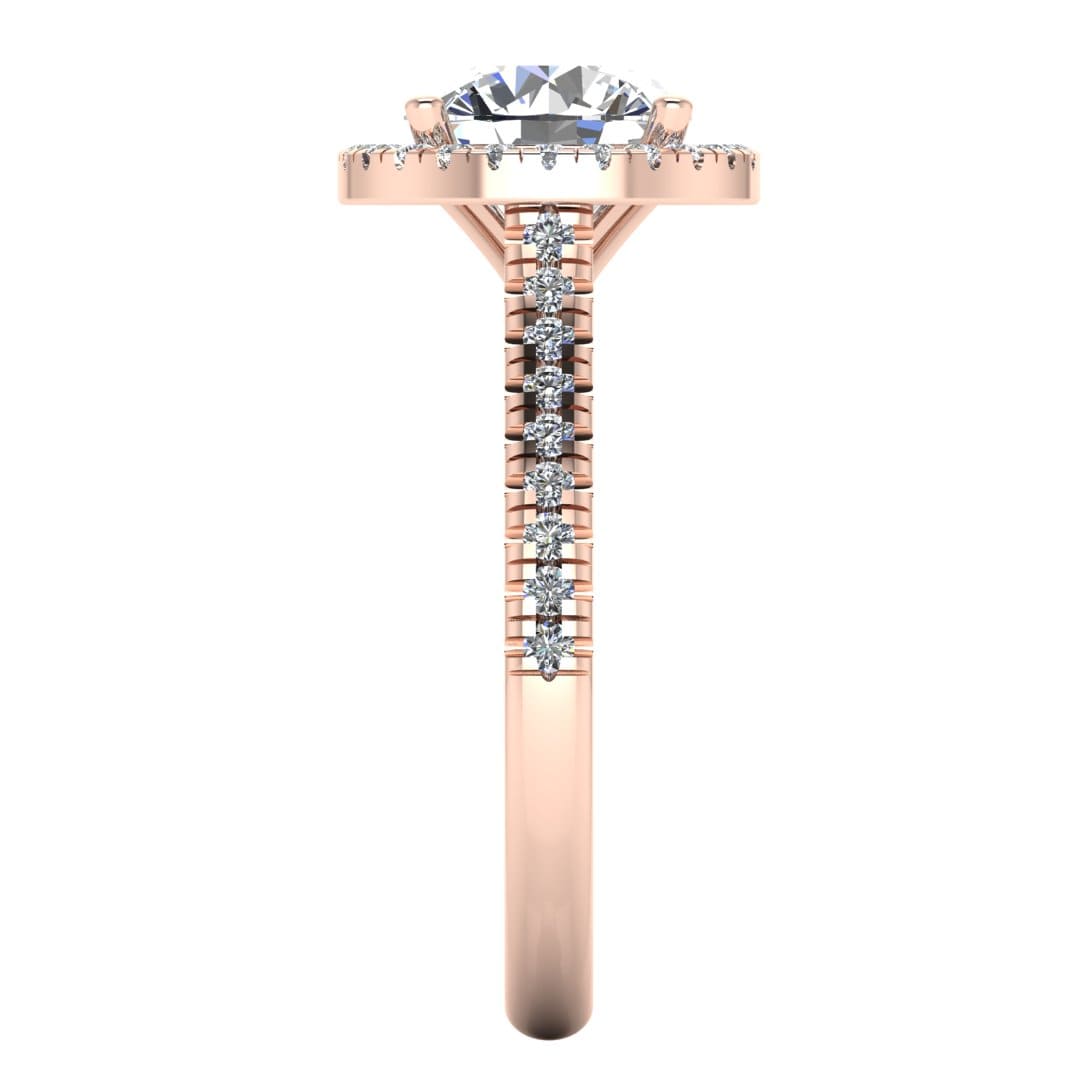 Side view of Holly rose gold lab grown diamond engagement ring with halo and side shoulder diamonds