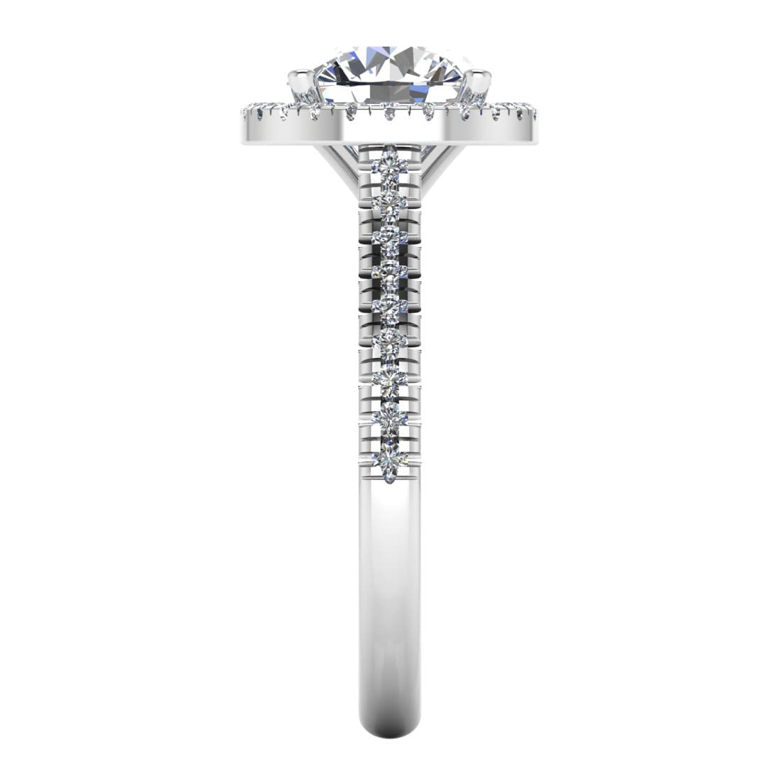 Side view of Holly white gold and platinum lab grown diamond engagement ring with halo and side shoulder diamonds