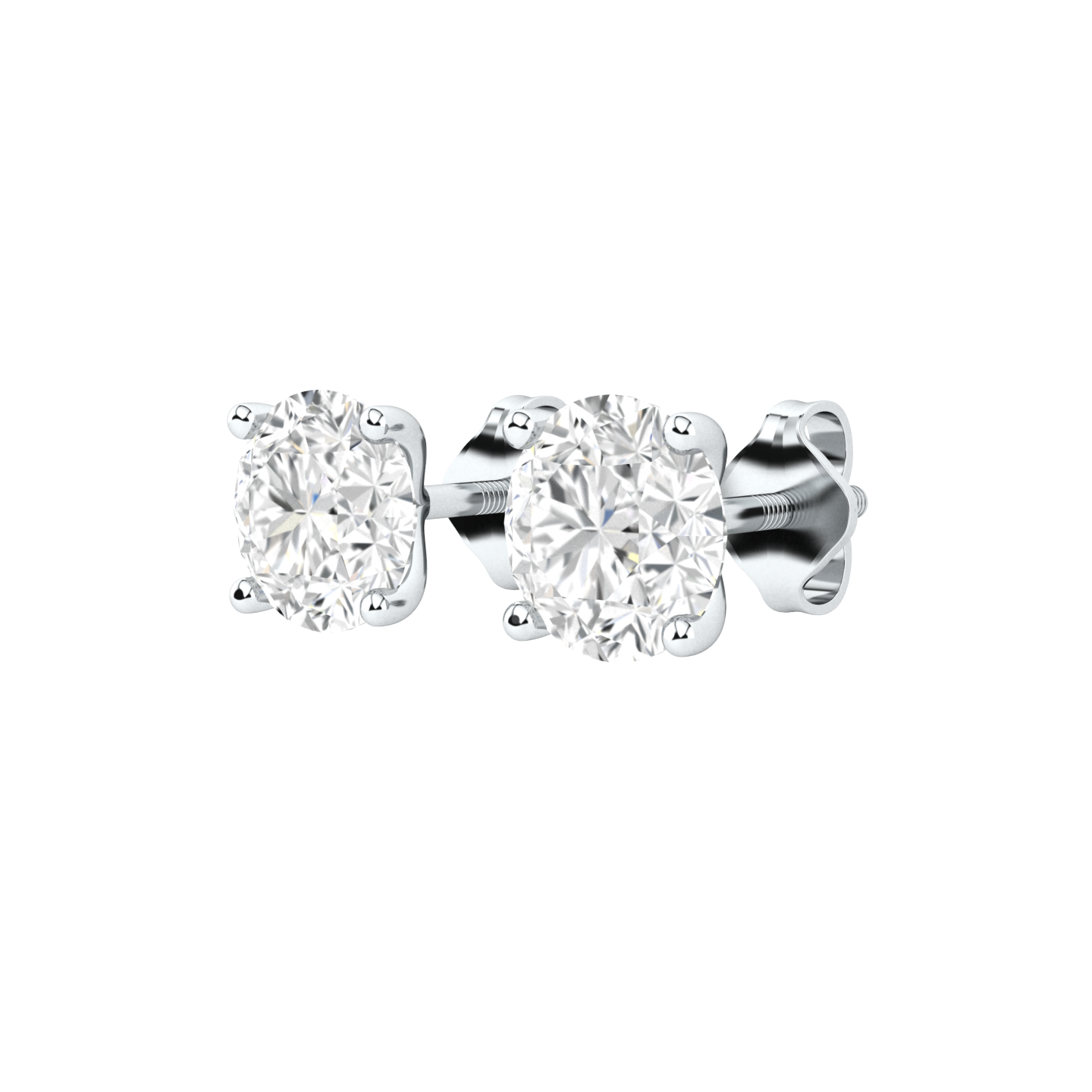 angled view of platinum or white gold stud earrings with round brilliant lab grown diamonds in a martini setting