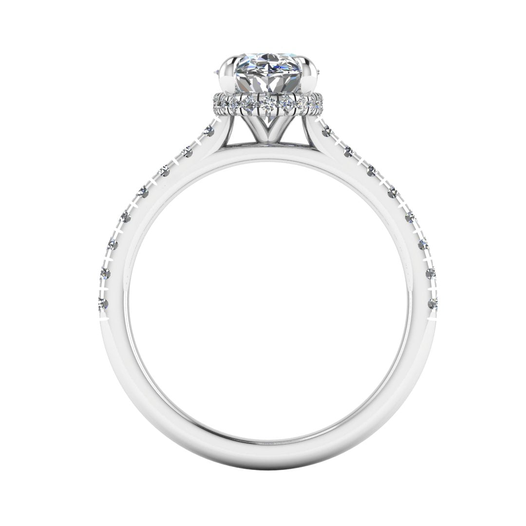 Flat view of platinum and white gold oval cut lab grown diamond engagement ring with secret hidden halo and diamond band
