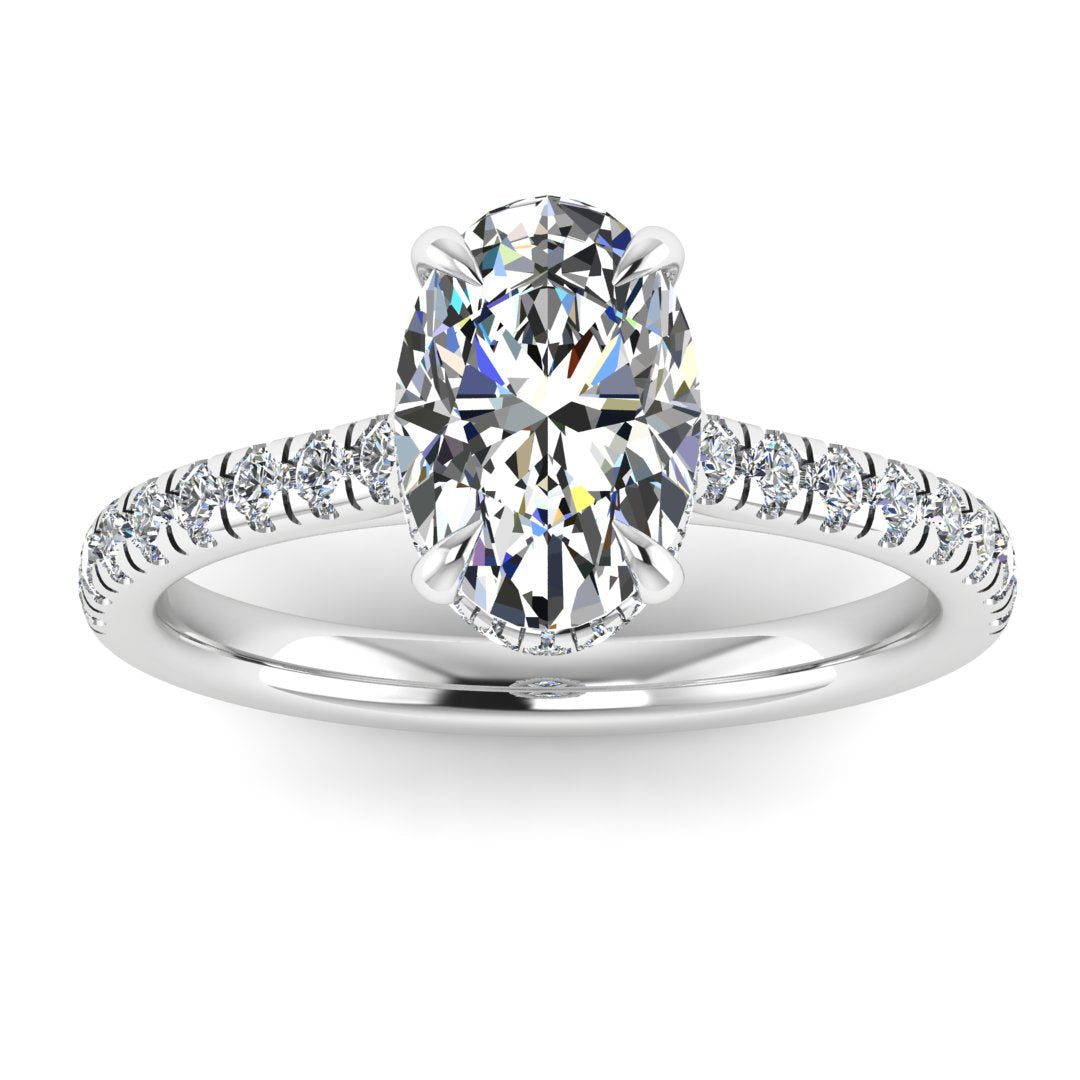 Front view of platinum and white gold oval cut lab grown diamond engagement ring with secret hidden halo and diamond band