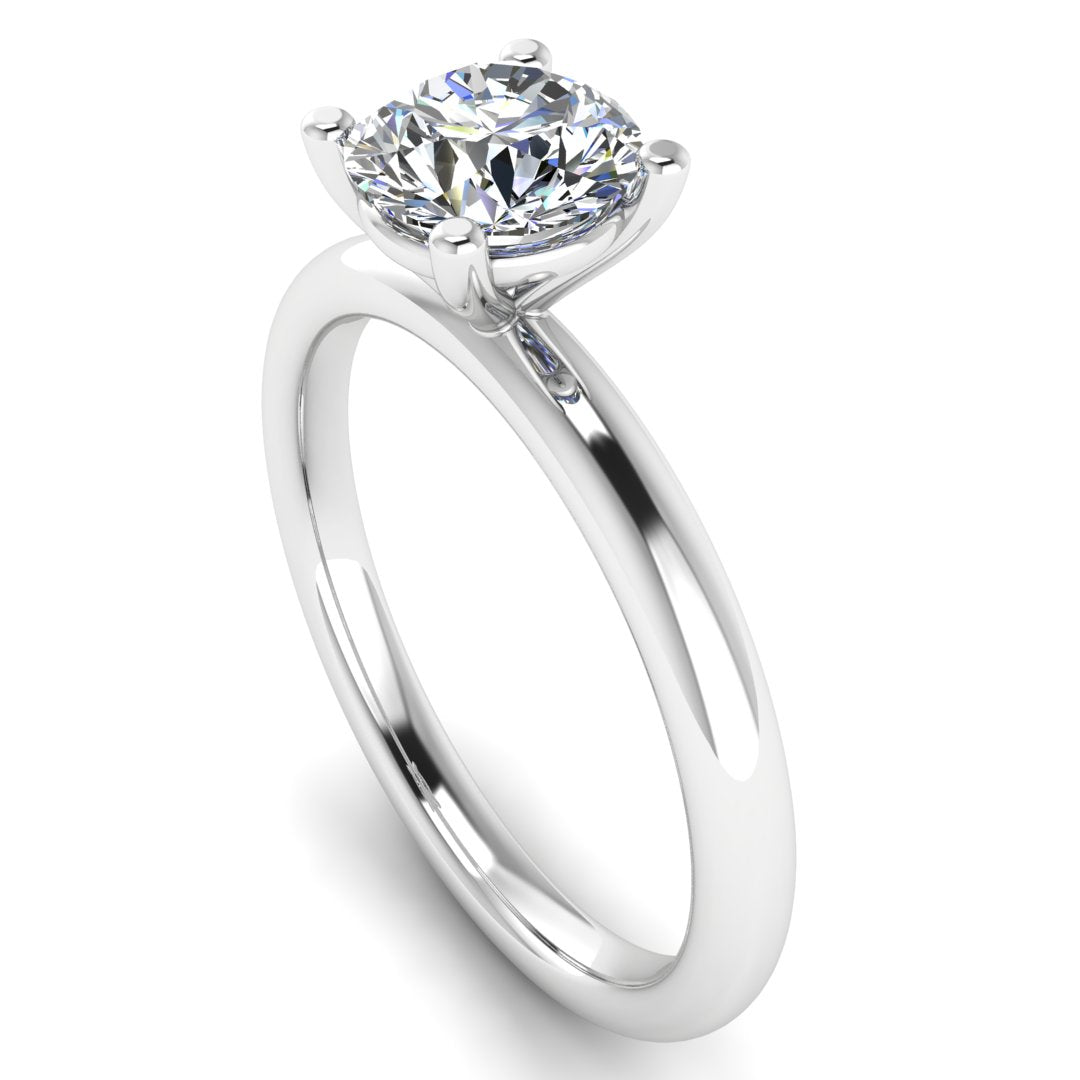 Angled view of the Bella lab grown diamond engagement ring in platinum or white gold with a round brilliant centre ethical diamond