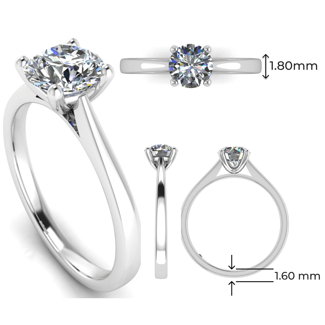 Multi view outlining the dimensions of the Arya Engagement ring in white gold or platinum. A traditional single solitaire round brilliant lab grown diamond in a cathedral setting