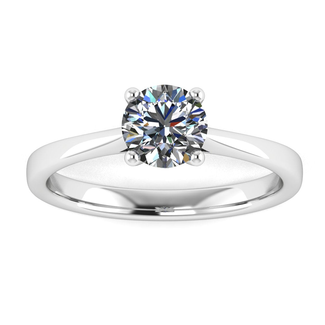 Front view of the Arya Engagement ring in white gold or platinum. A traditional single solitaire round brilliant lab grown diamond in a cathedral setting