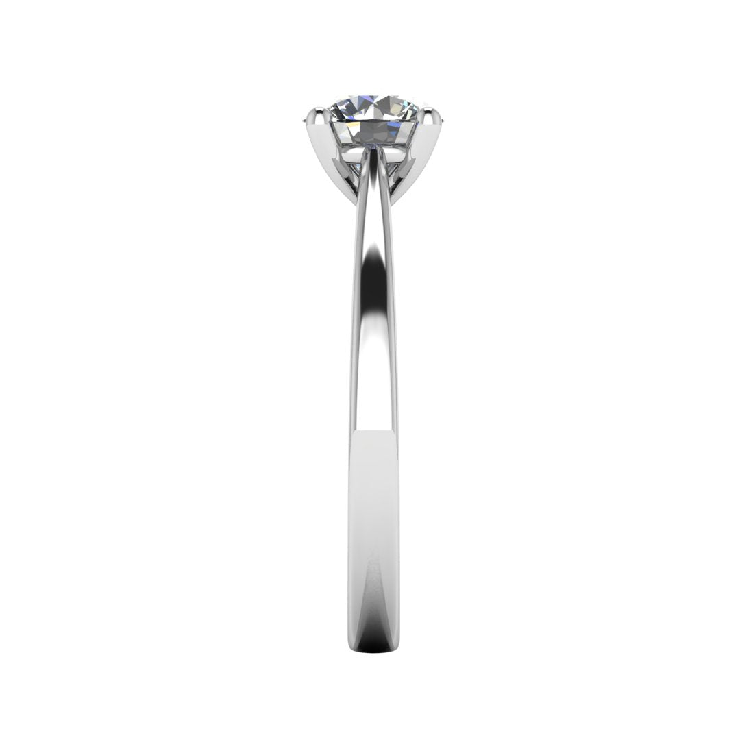 Side view of the Arya Engagement ring in white gold or platinum. A traditional single solitaire round brilliant lab grown diamond in a cathedral setting