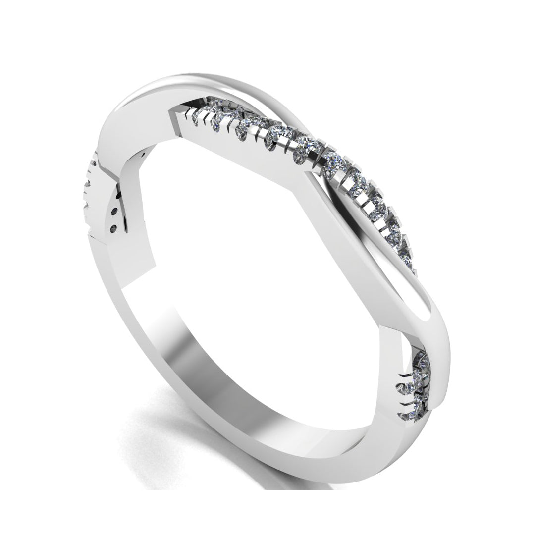 angled view of platinum or white gold double jointed twisted wedding band with set lab grown diamonds