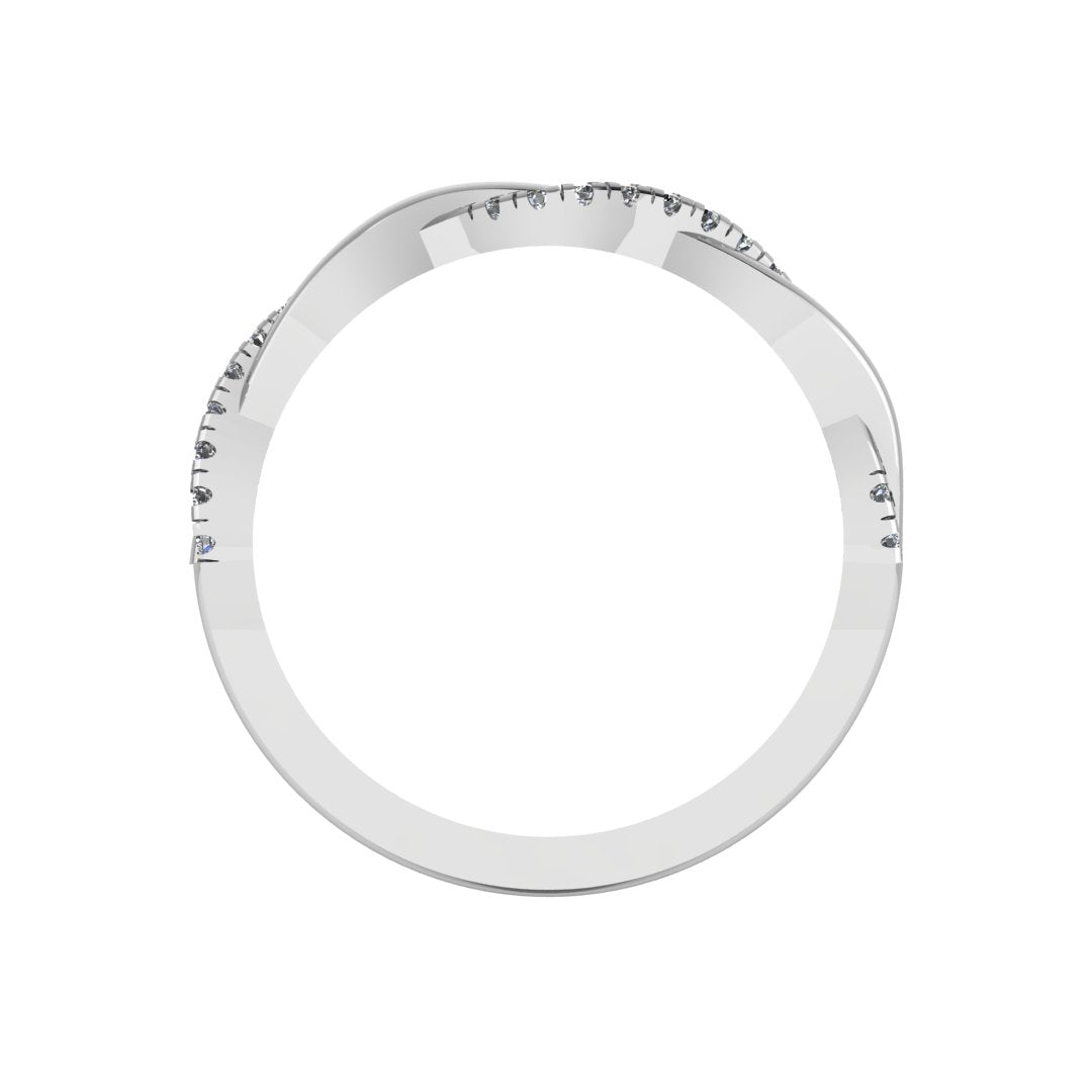 Flat view of platinum or white gold double jointed twisted wedding band with set lab grown diamonds