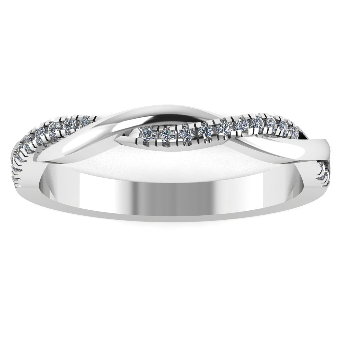 Front view of platinum or white gold double jointed twisted wedding band with set lab grown diamonds