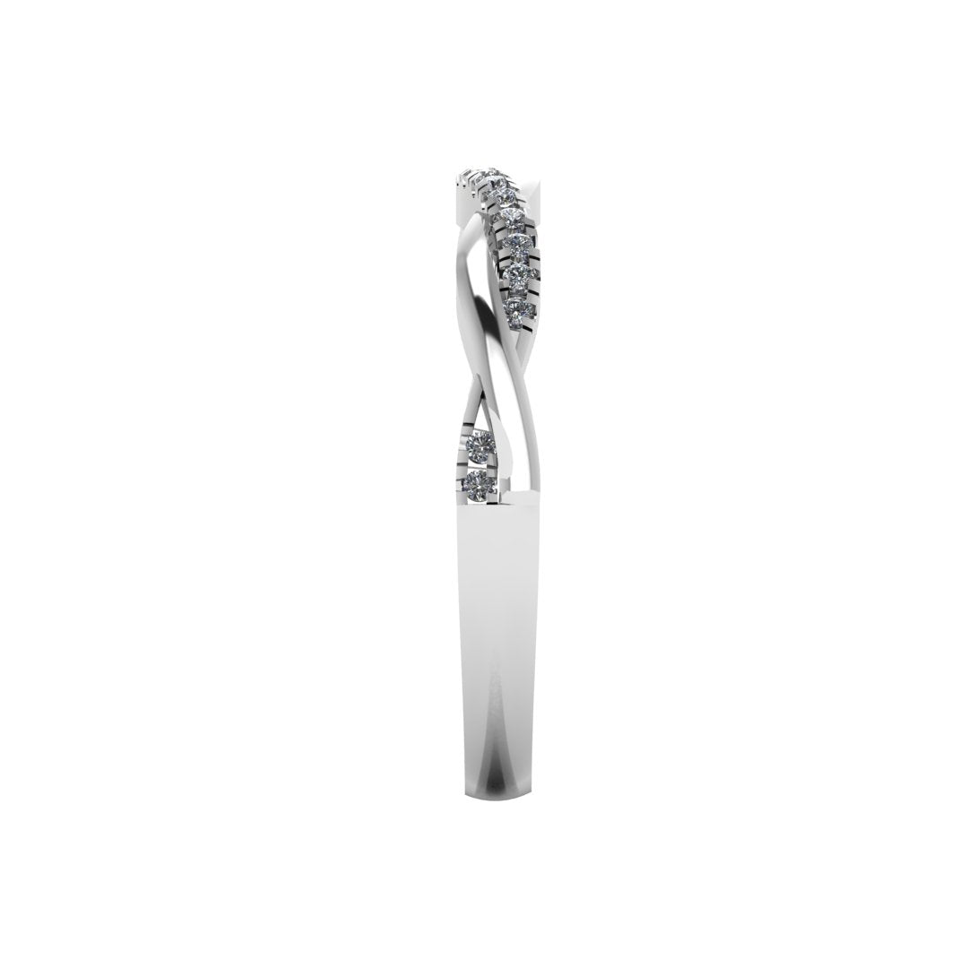Side view of platinum or white gold double jointed twisted wedding band with set lab grown diamonds