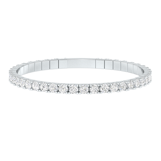 Front view of a platinum or white gold flexible bangle which stretches over your wrist for easy dressing
