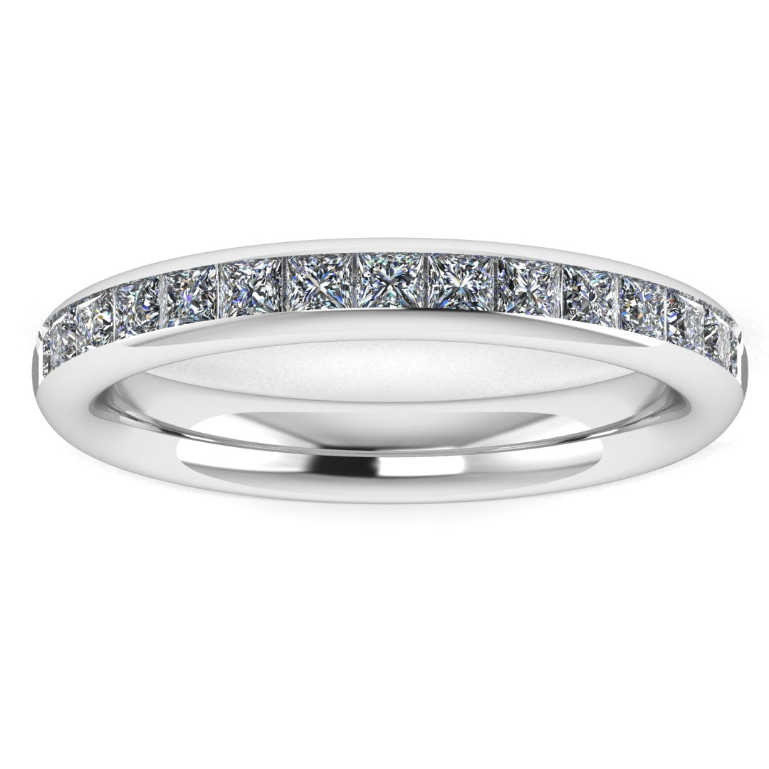 front view of a platinum or white gold lab grown diamond channel set wedding band with princess cut lab grown diamonds