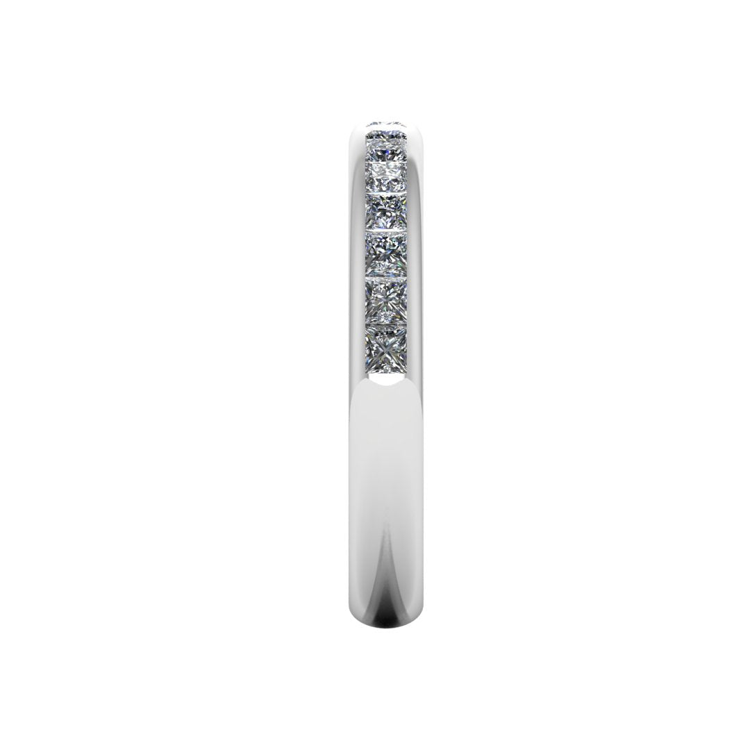 side view of a platinum or white gold lab grown diamond channel set wedding band with princess cut lab grown diamonds
