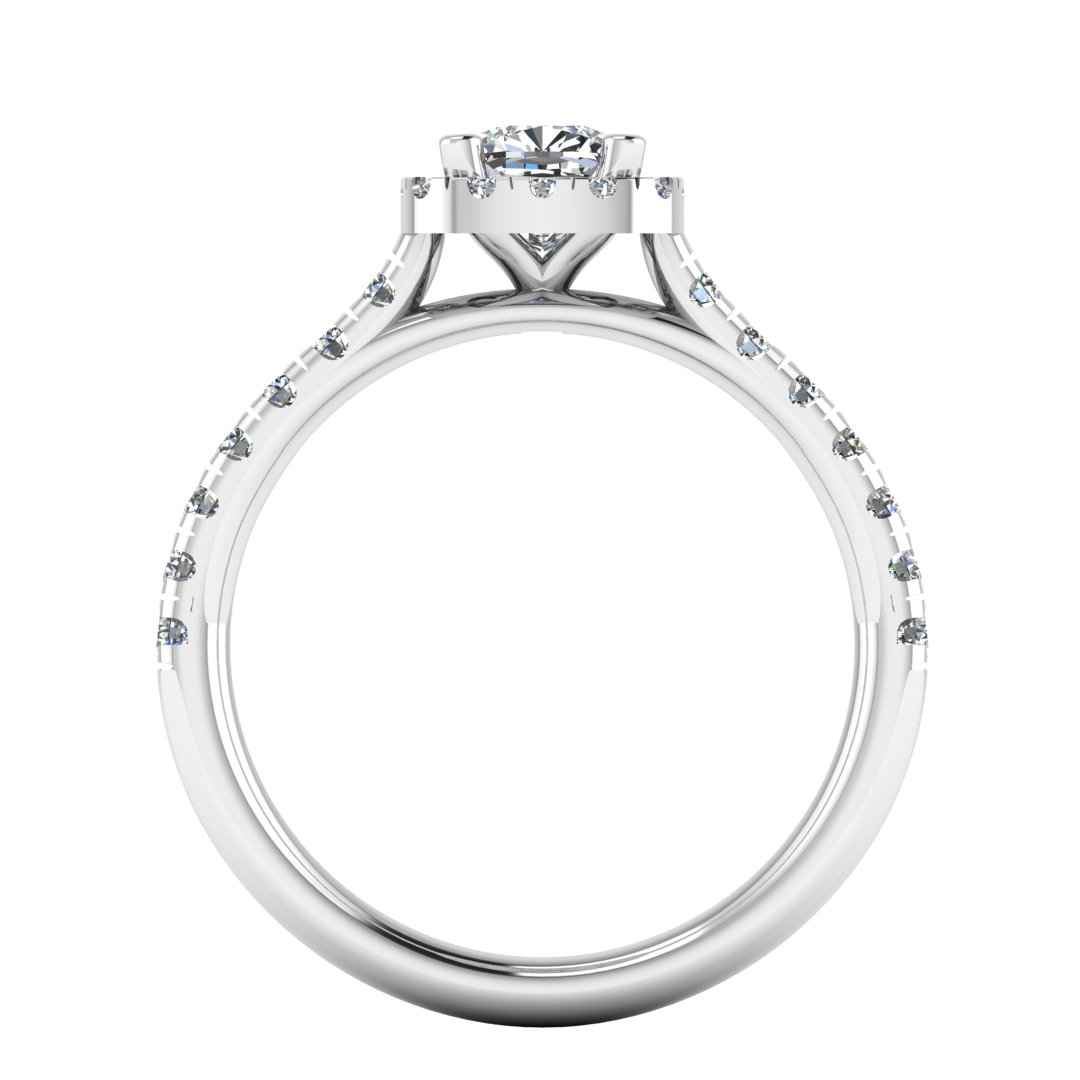 flat view of a platinum or white gold engagement ring which features a cushion cut lab-grown diamond with a halo and pavé-set shoulders
