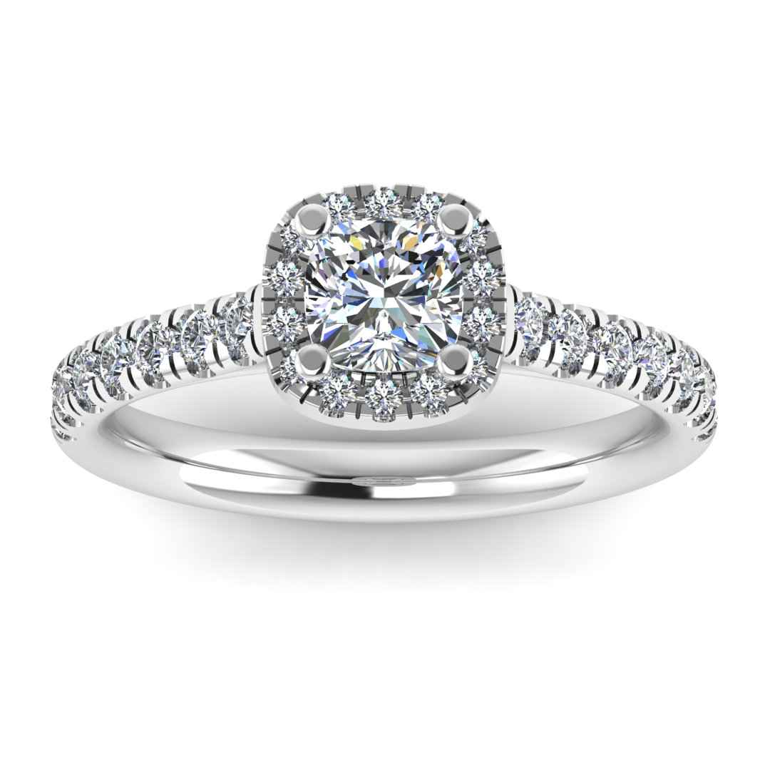 front view of a platinum or white gold engagement ring which features a cushion cut lab-grown diamond with a halo and pavé-set shoulders
