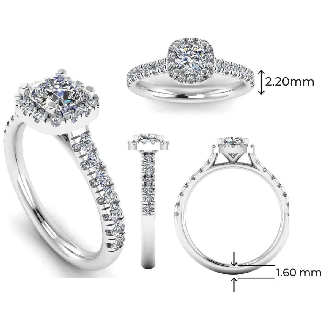 multi view of a platinum or white gold engagement ring which features a cushion cut lab-grown diamond with a halo and pavé-set shoulders