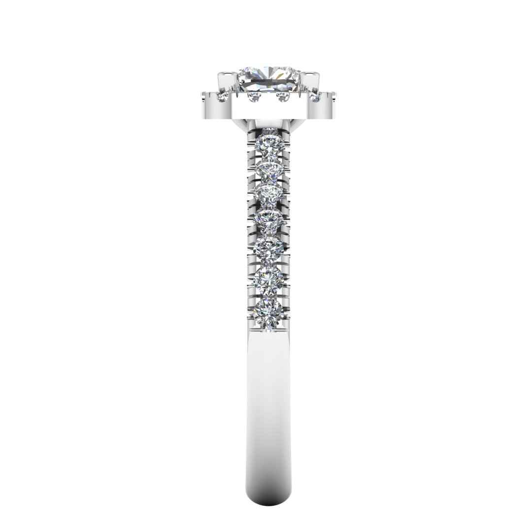 side view of a platinum or white gold engagement ring which features a cushion cut lab-grown diamond with a halo and pavé-set shoulders