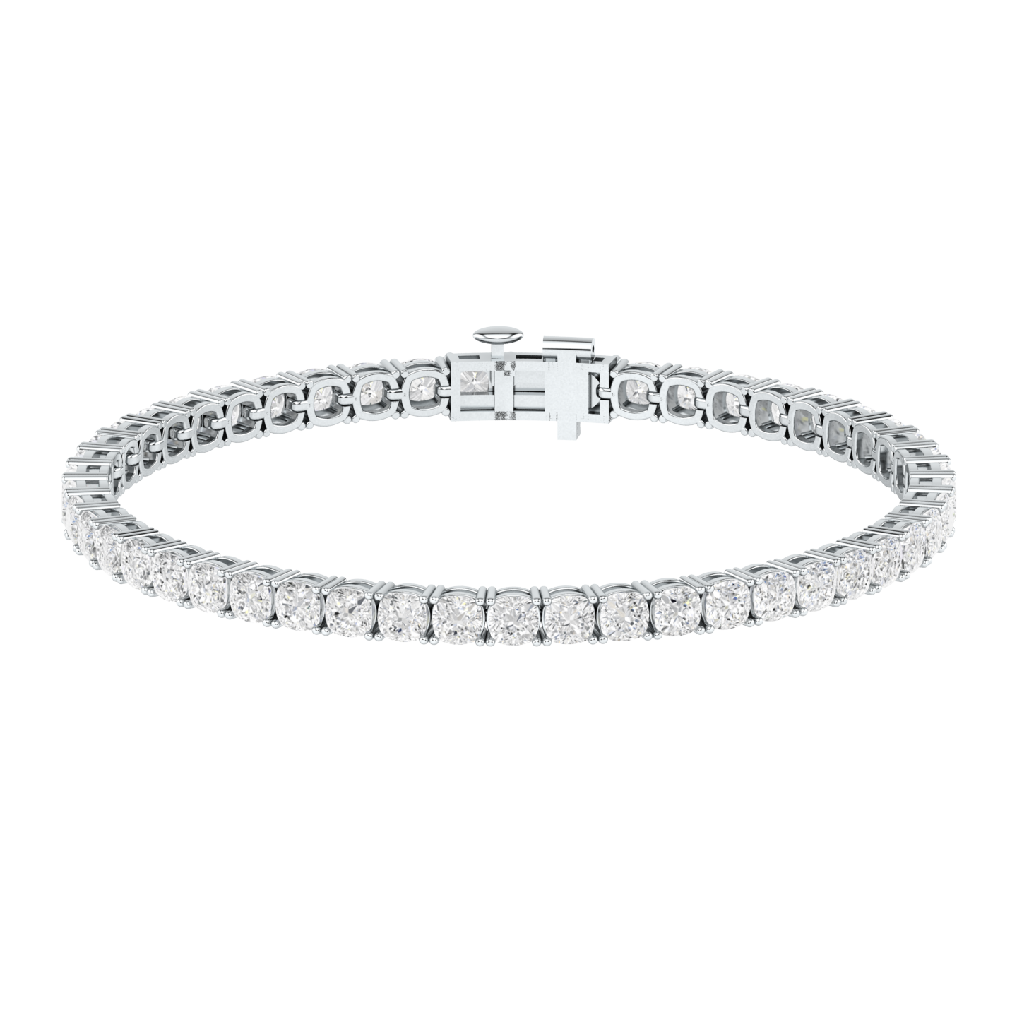 platinum or white gold tennis line bracelet with cushion cut shaped ethical & sustainable lab grown diamonds set using prongs