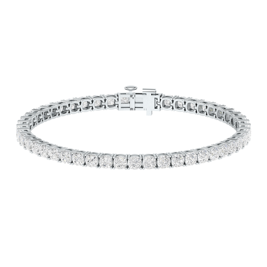 platinum or white gold tennis line bracelet with cushion cut shaped ethical & sustainable lab grown diamonds set using prongs