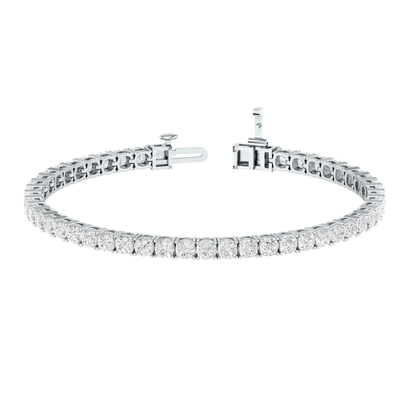 platinum or white gold tennis line bracelet with cushion cut shaped ethical & sustainable lab grown diamonds set using prongs