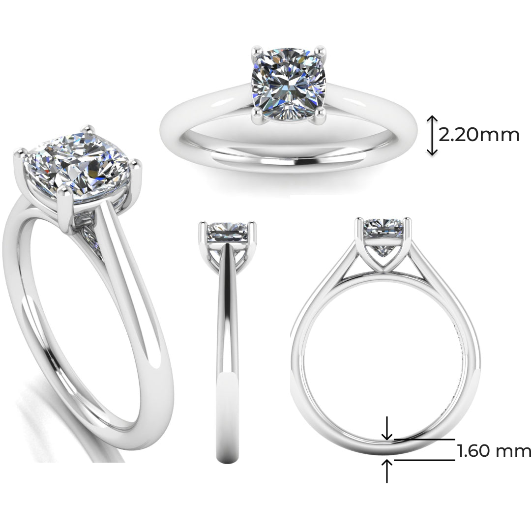 multi view of a platinum or white gold single solitaire engagement ring featuring a cushion cut lab grown diamond in a cathedral setting with 4 claws