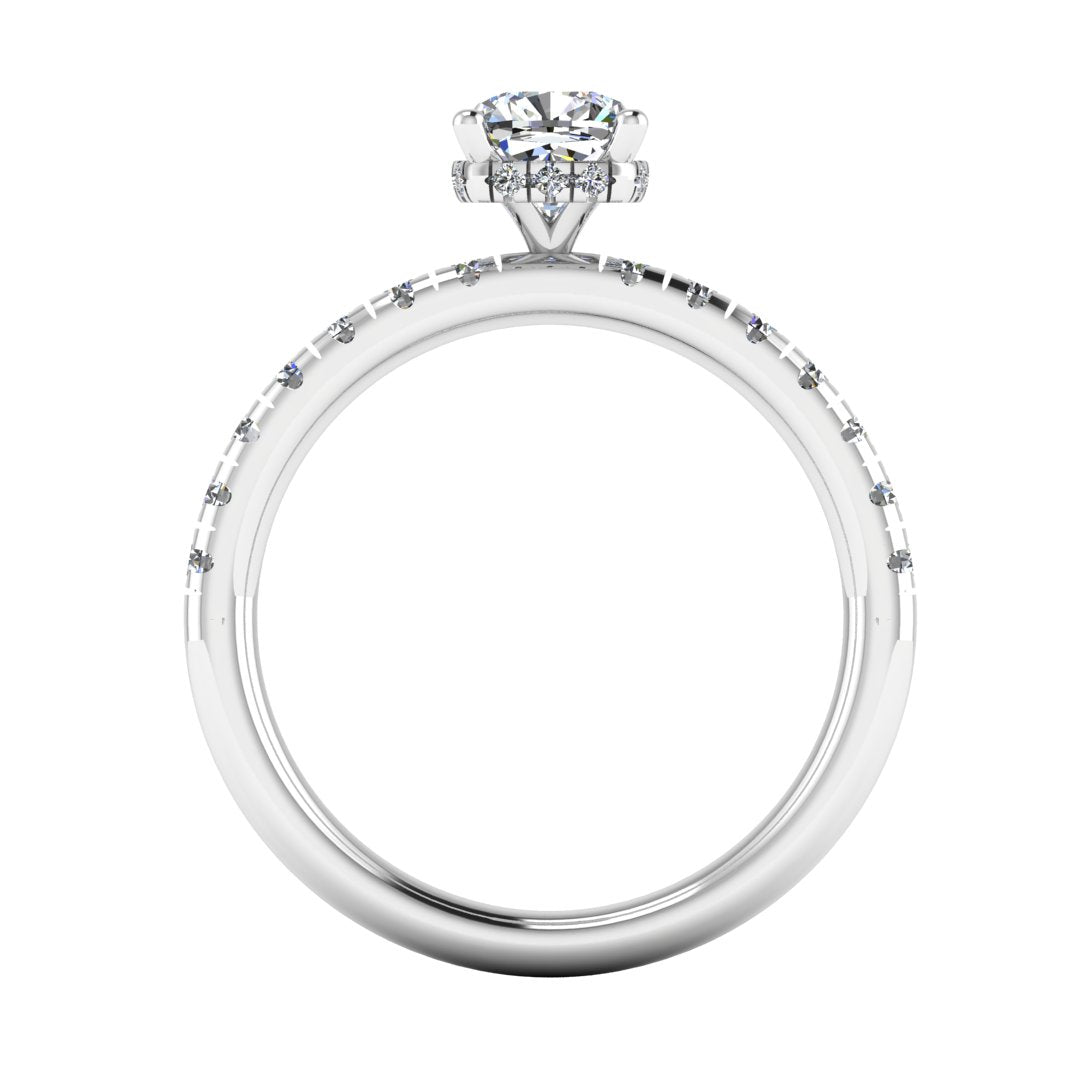 flat view of a platinum or white gold cushion cut lab grown diamond engagement ring with pavé shoulders and a hidden halo