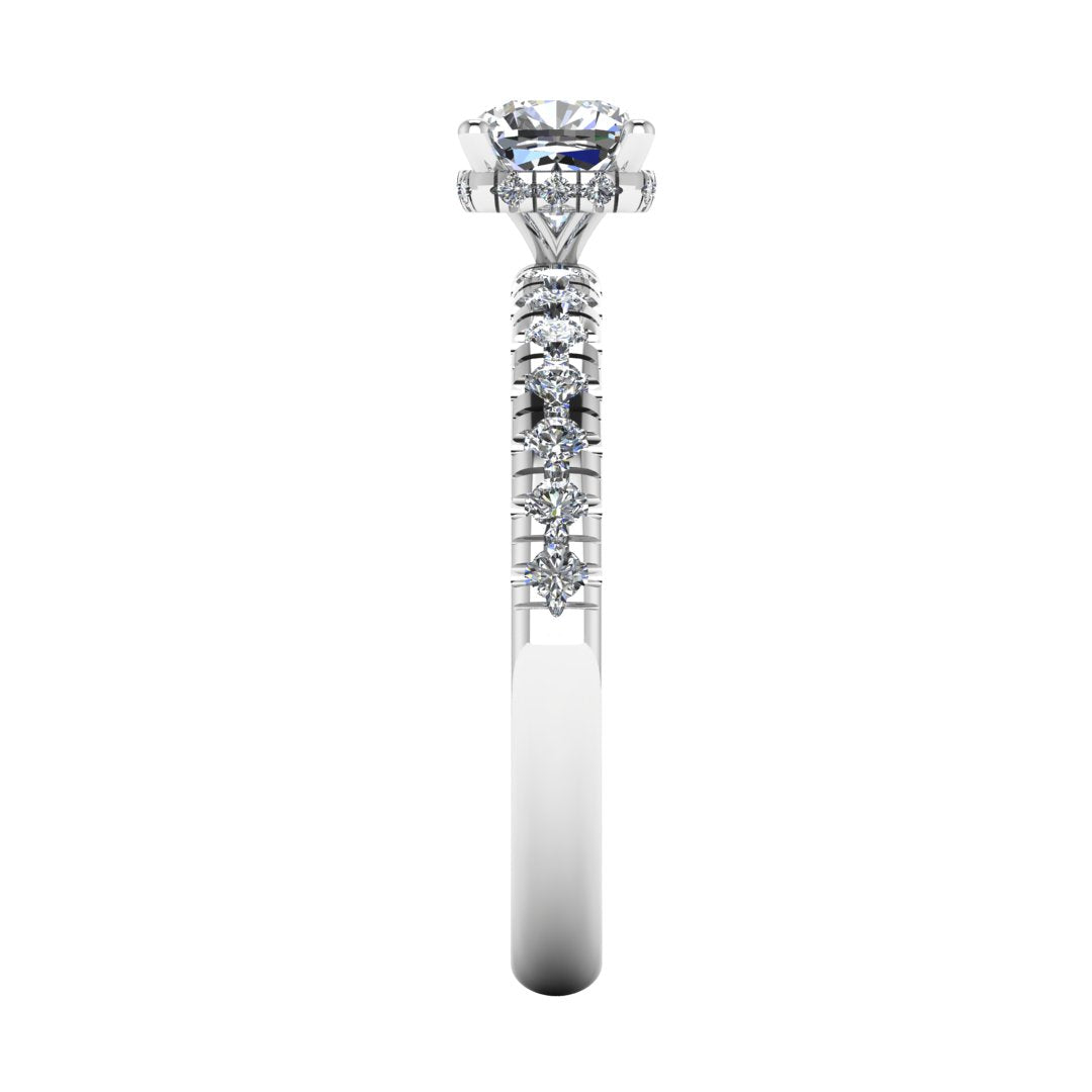 side view of a platinum or white gold cushion cut lab grown diamond engagement ring with pavé shoulders and a hidden halo