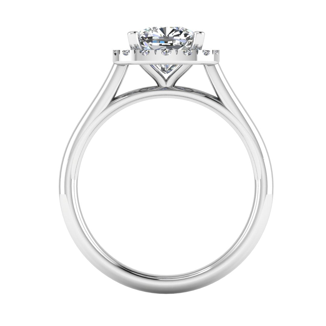 flat view of a platinum or white gold cushion cut lab grown diamond engagement ring framed by a sparkling halo