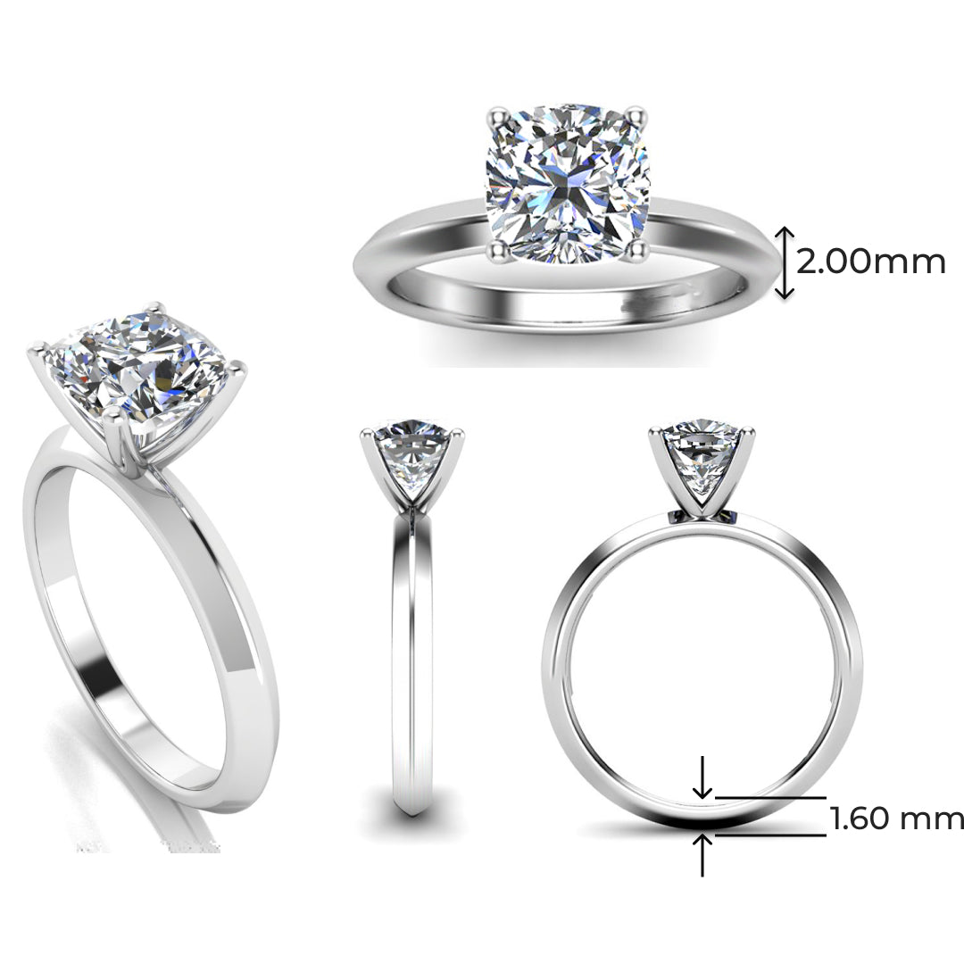 multi view of platinum or white gold engagement ring featuring a cushion cut lab grown diamond in a floating setting with 4 claws