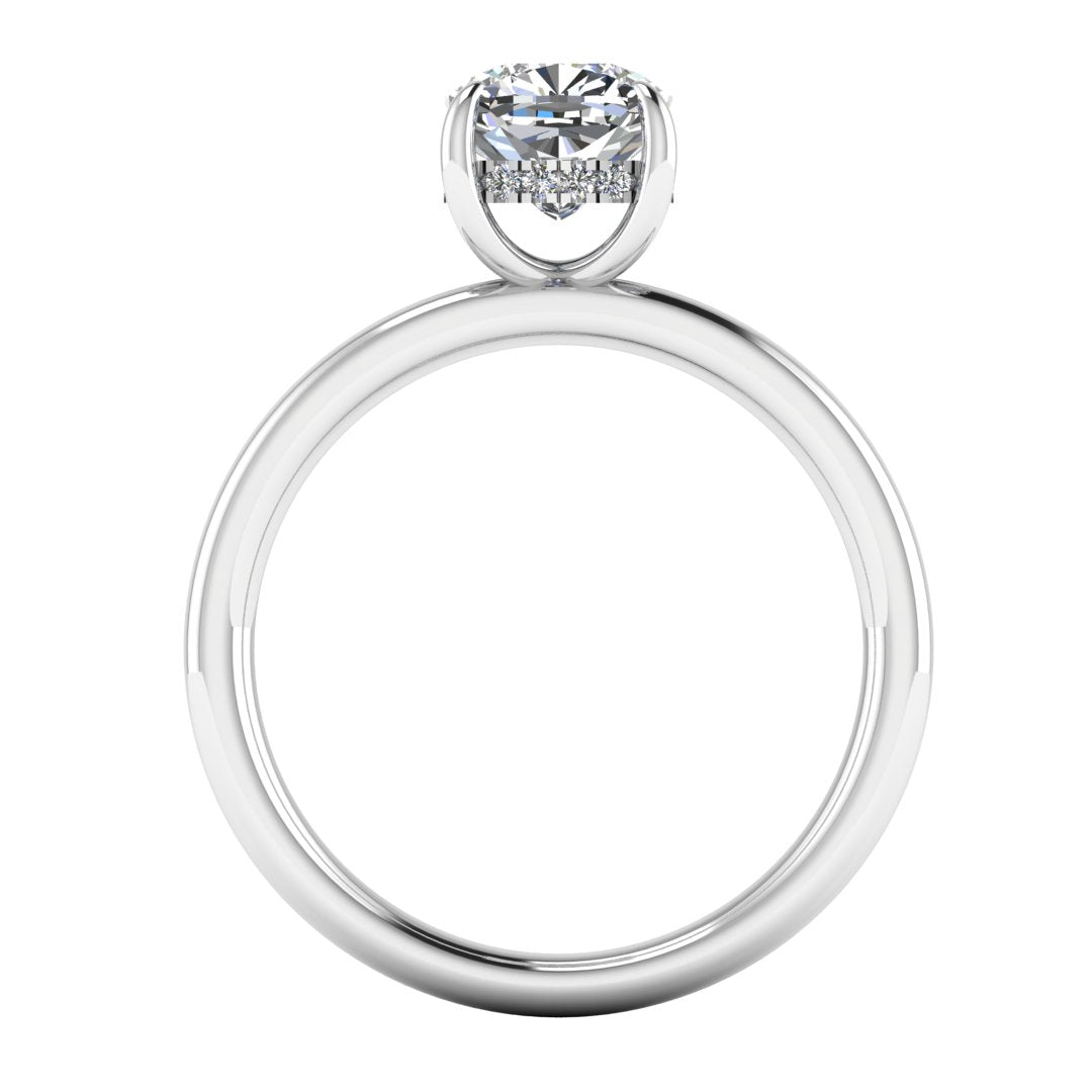 flat view of a platinum or white gold engagement ring featuring a cushion cut lab grown diamond with a hidden halo in a solitaire design