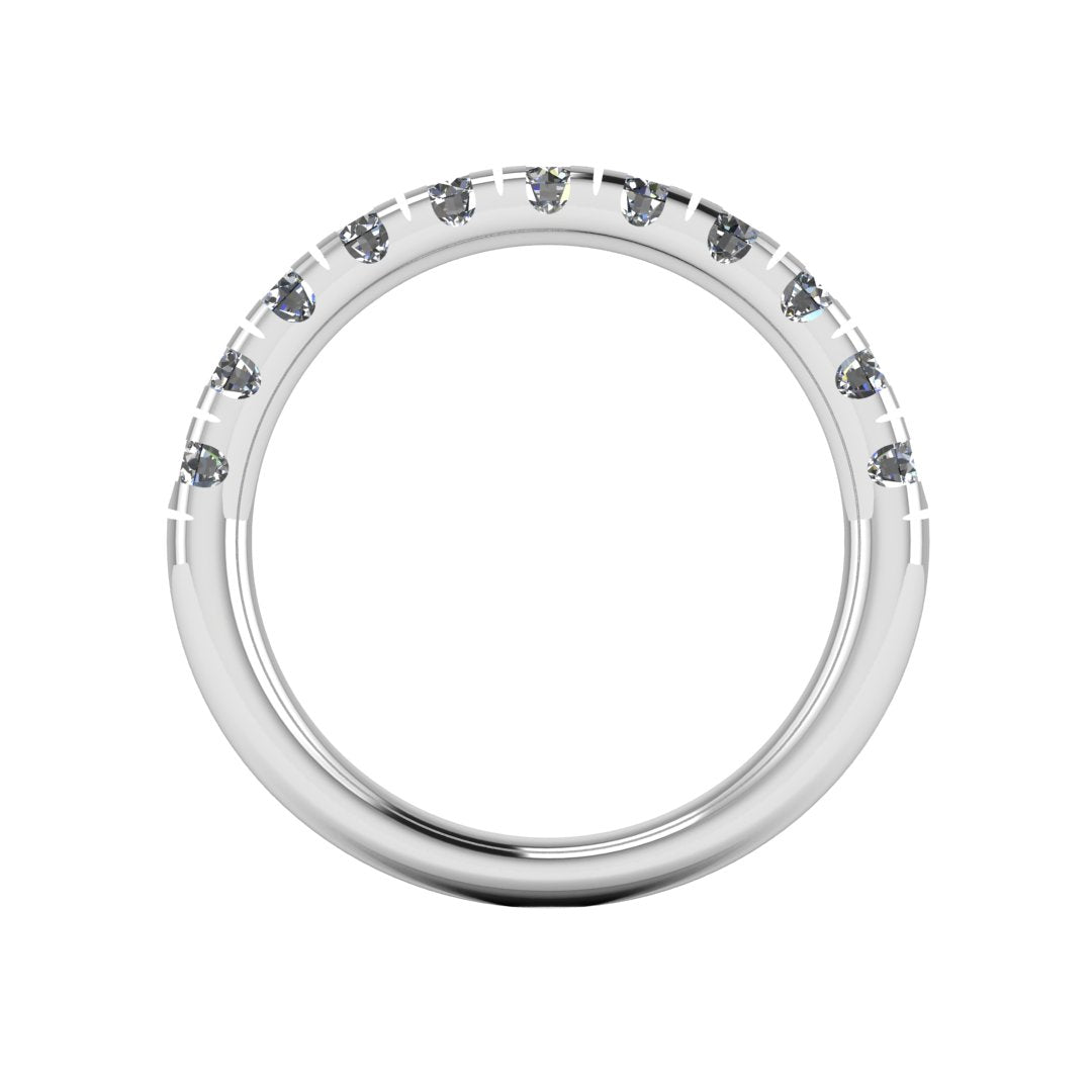 flat view of a platinum or white gold wedding band eternity ring with half micro-set round lab grown diamonds which fit most engagement rings