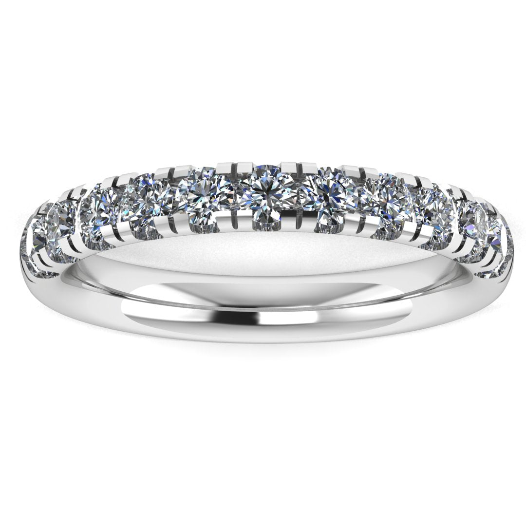 front view of a platinum or white gold wedding band eternity ring with half micro-set round lab grown diamonds which fit most engagement rings