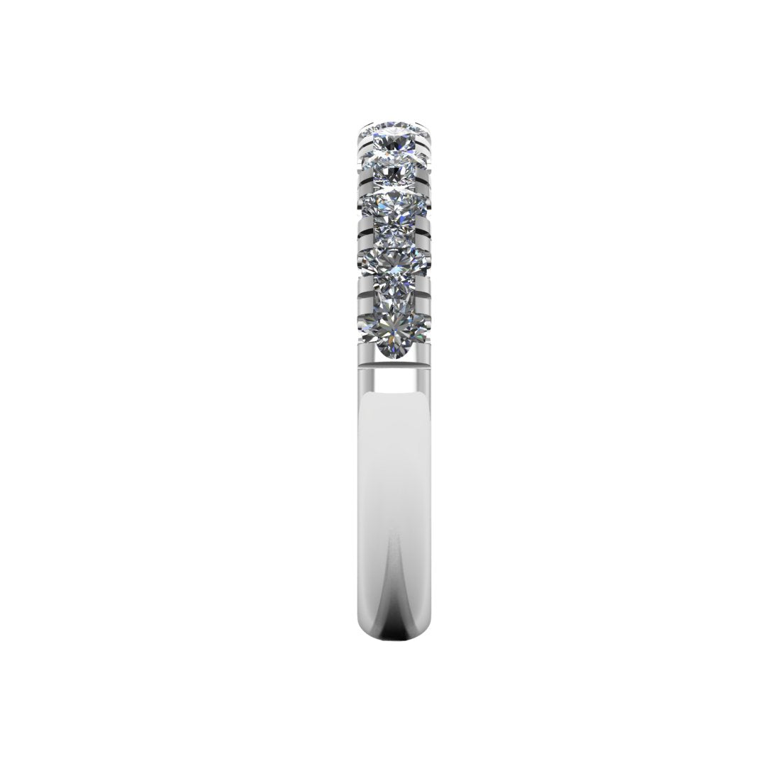 side view of a platinum or white gold wedding band eternity ring with half micro-set round lab grown diamonds which fit most engagement rings