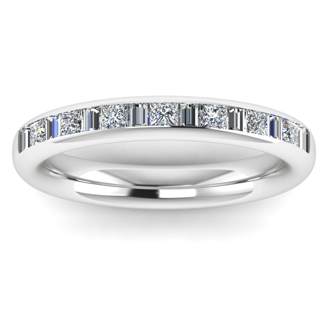 front view of a platinum or white gold wedding band with princess and baguette lab-grown diamond in a channel set design